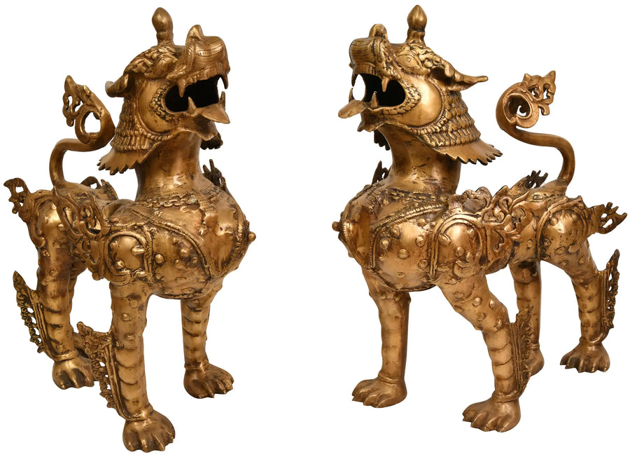 Large Size Nepalese Temple Lions Brass Statue