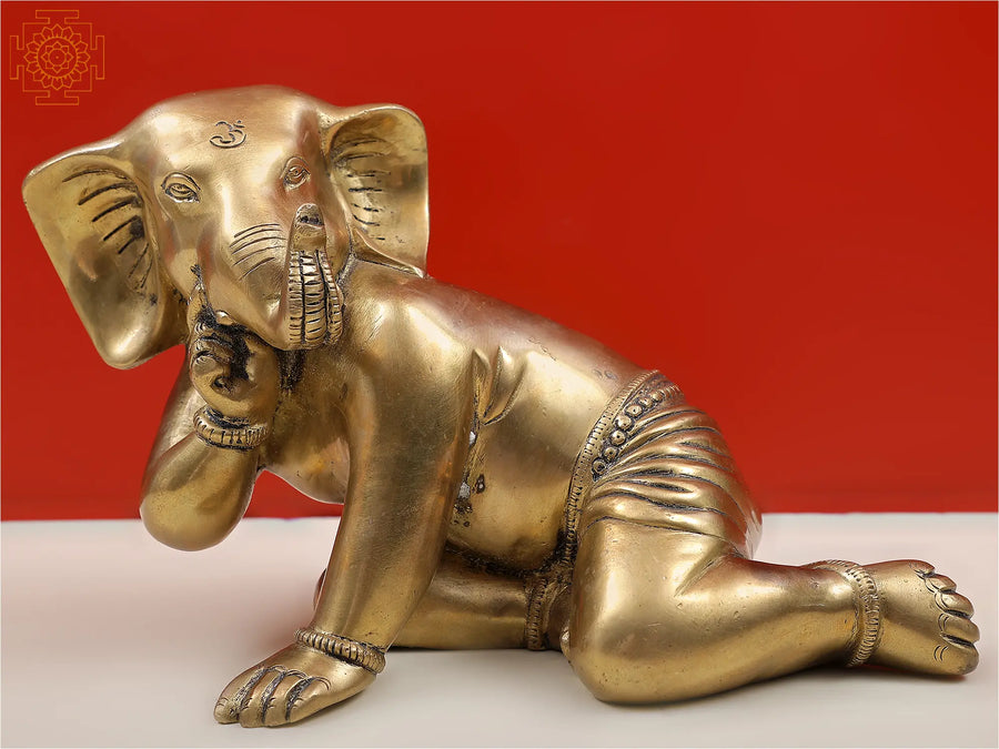7" Crawling Ganesha Handmade Brass Sculpture for Home Decor