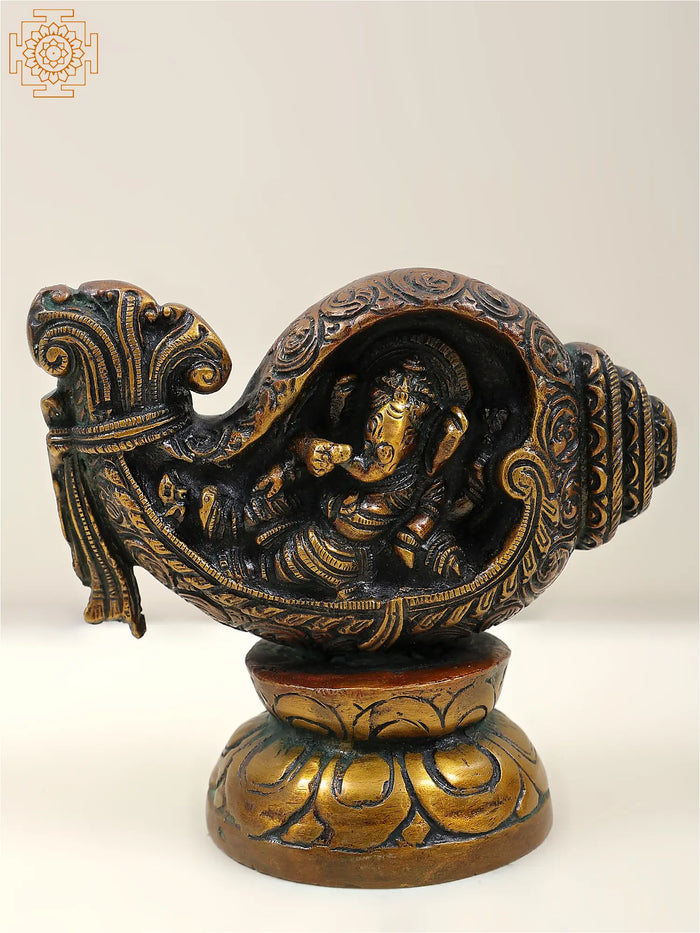 5" Small Shankha Vinayaka - Ganesha in a Conch In Brass