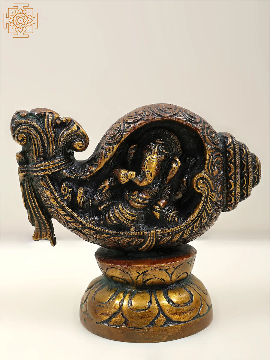 5" Brass Ganesha Shankha Statue - Handmade Pooja Idol