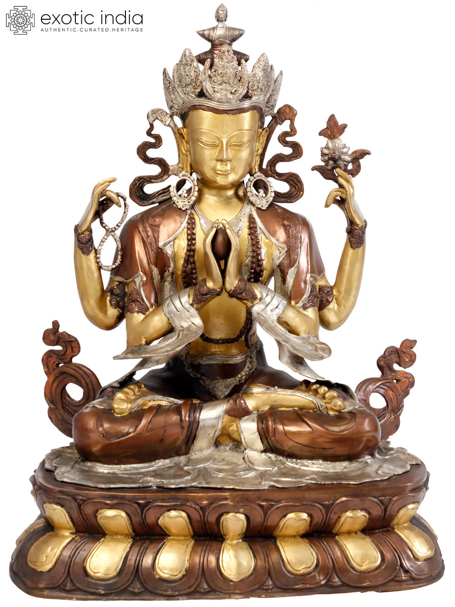 28" Tibetan Buddhist Chenrezig Brass Statue - Handmade Deity Idol