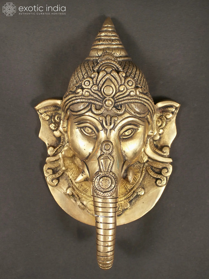 10" Brass Ganesha Face Mask Wall Hanging for Home Decor
