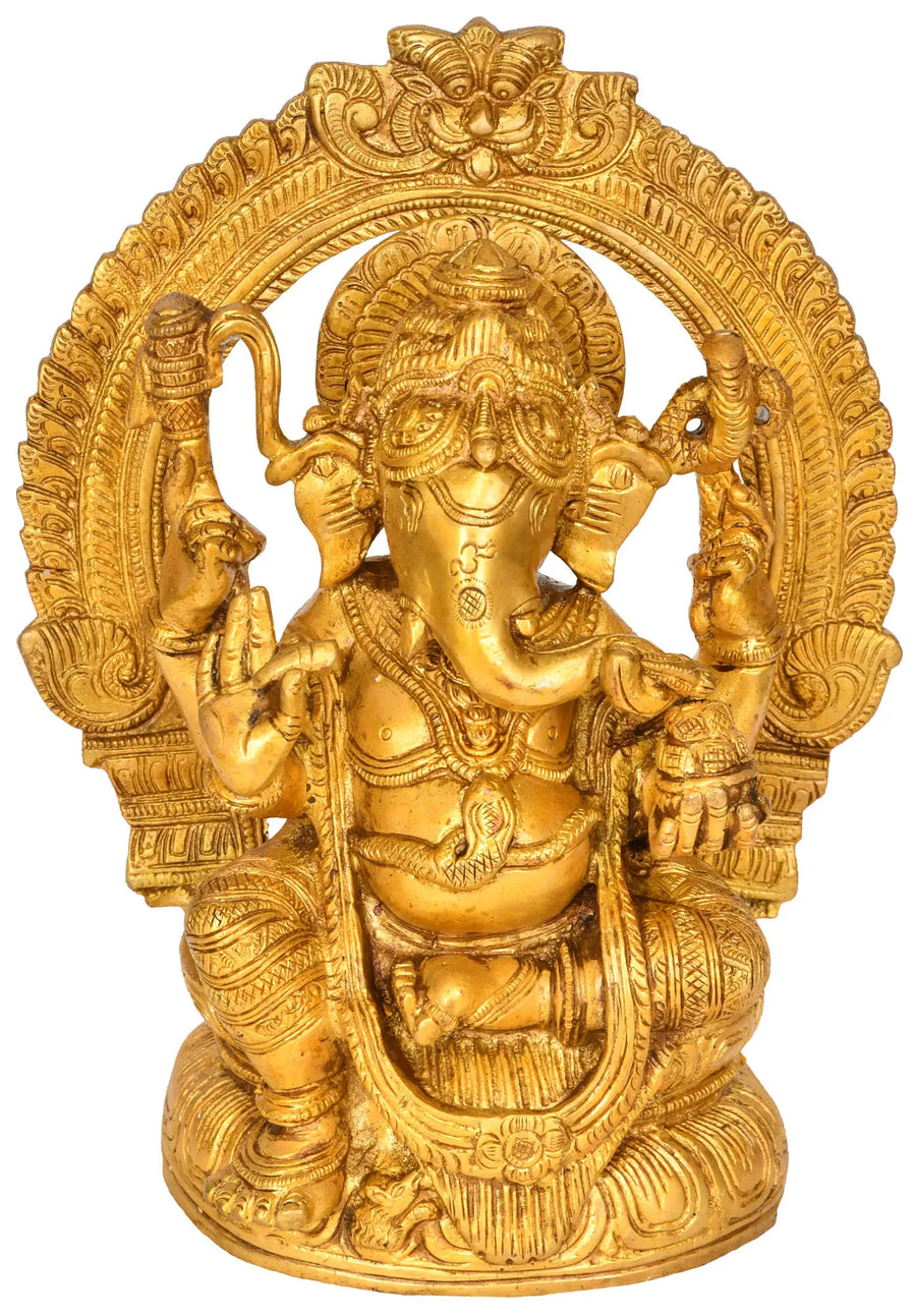 9" Ganesha Seated on Lotus Brass Statue Handmade