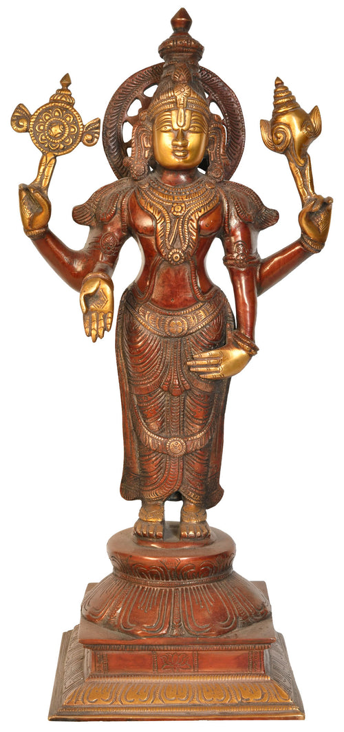 17" Handmade Chaturbhuja Standing Vishnu Brass Statue