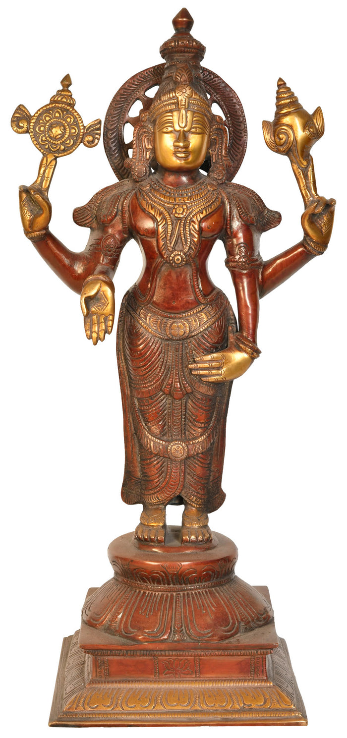 17" Handmade Chaturbhuja Standing Vishnu Brass Statue