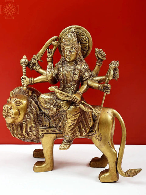 10" Simhavahini Devi Durga Brass Statue | Indian Handcrafted Idol