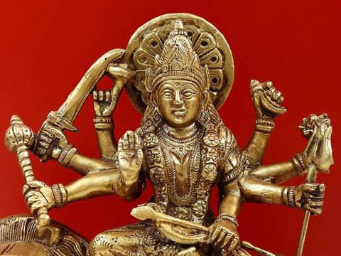 10" Simhavahini Devi Durga Brass Statue | Indian Handcrafted Idol