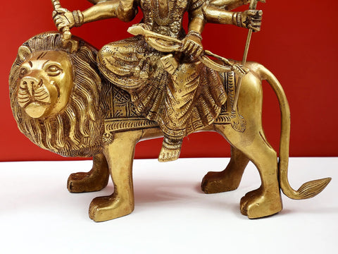 10" Simhavahini Devi Durga Brass Statue | Indian Handcrafted Idol