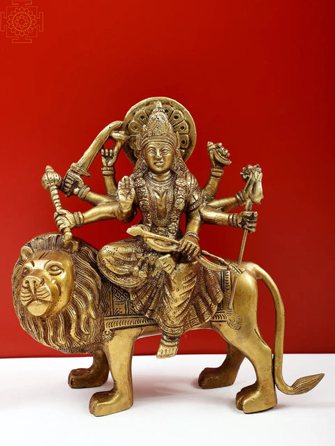 10" Simhavahini Devi Durga Brass Statue | Indian Handcrafted Idol