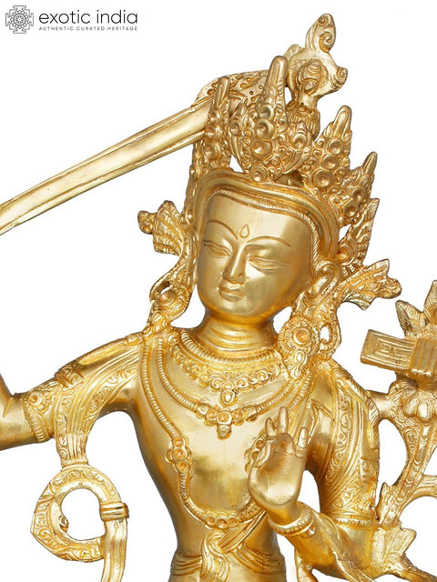 14" Manjushri - Tibetan Buddhist Deity Upholder of the Double-Edged Sword | Handmade Brass Statues