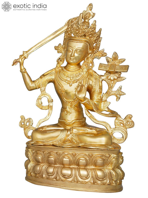 14" Manjushri - Tibetan Buddhist Deity Upholder of the Double-Edged Sword | Handmade Brass Statues