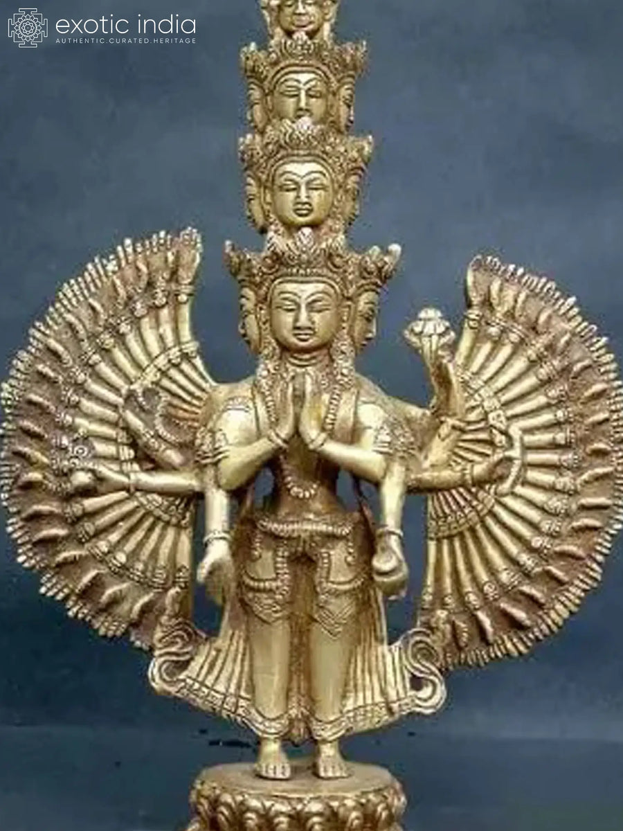 14" Eleven-Headed Avalokiteshwara Brass Statue Handmade