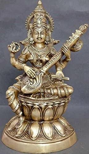 15" Goddess Saraswati Brass Figurine | Handmade Sacred Home Statue