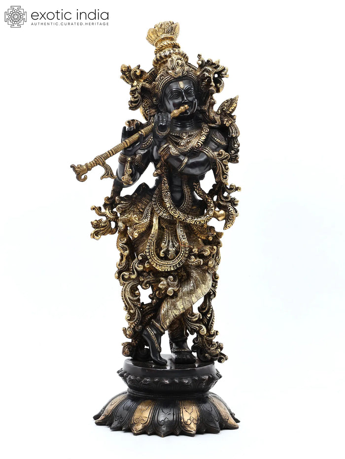 27" Handmade Lord Krishna Playing Flute Brass Statue