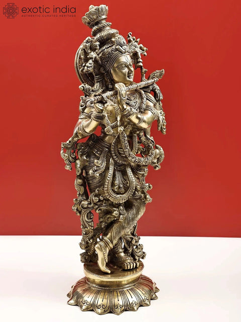 27" Superfine Lord Krishna Playing Flute Brass Statue | Handmade | Made In India