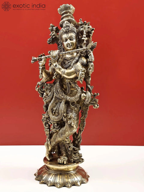 27" Superfine Lord Krishna Playing Flute Brass Statue | Handmade | Made In India