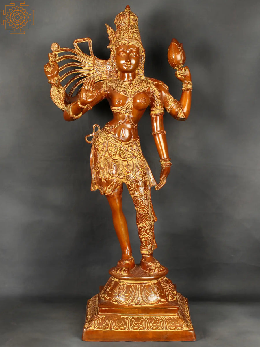 38" Ardhanarishvara Brass Statue - Half Shiva Half Parvati Handcrafted Idol