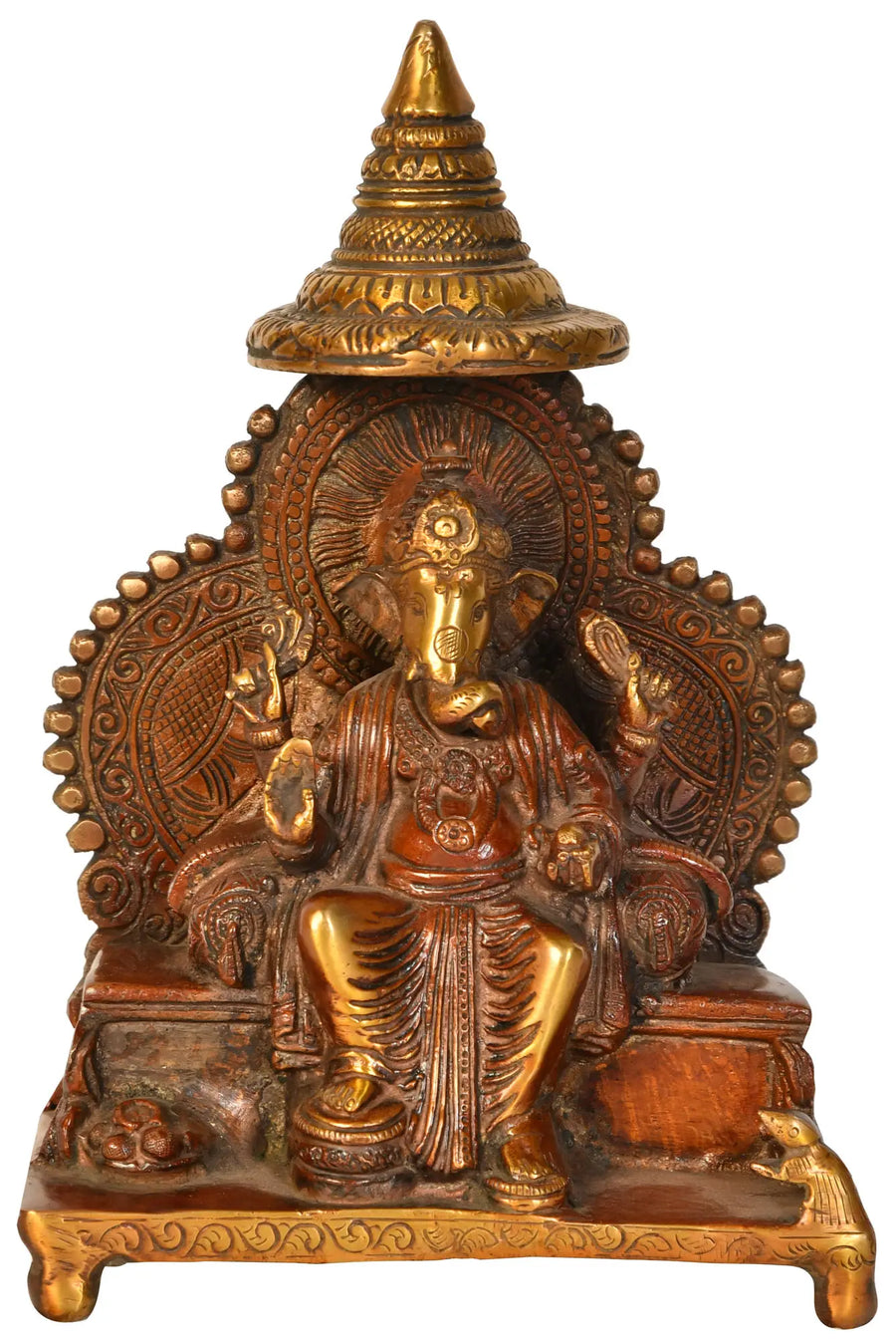 9" Ganesha on Throne Handmade Brass Idol for Pooja
