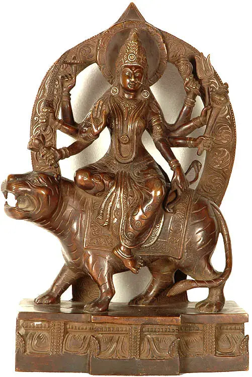15" Handmade Simhavahini Durga Brass Statue for Pooja