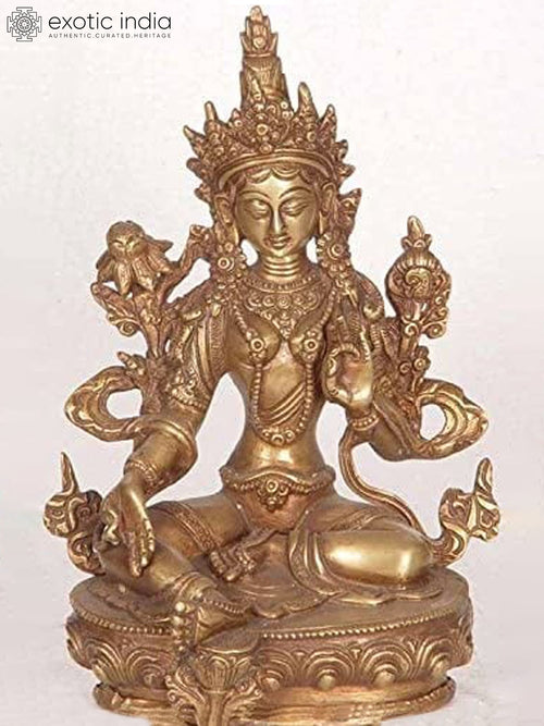 8" Green Tara Brass Statue - Handmade Tibetan Buddhist Goddess Idol