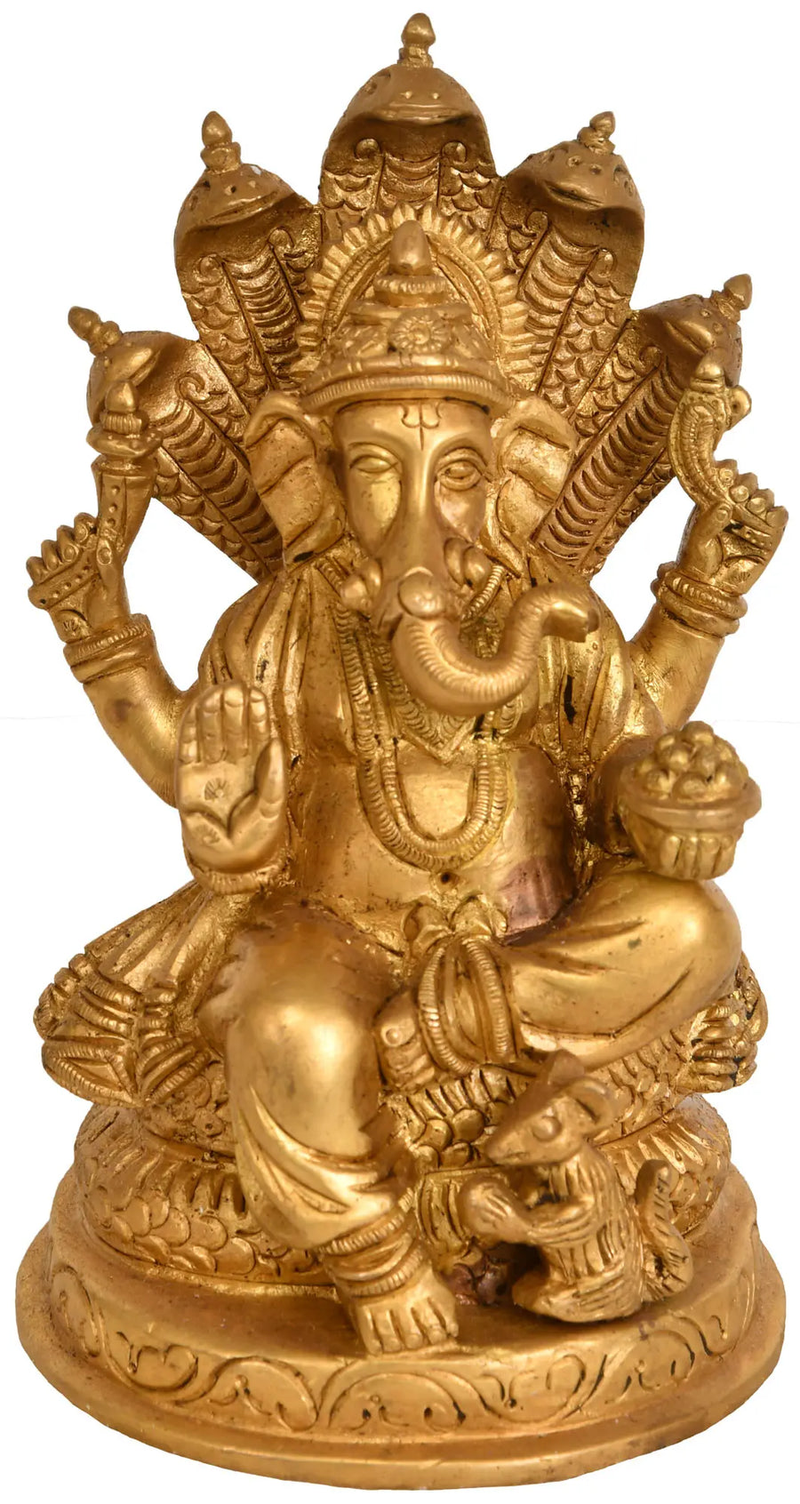 5" Four-Armed Ganesha Brass Idol Seated on Serpent Throne