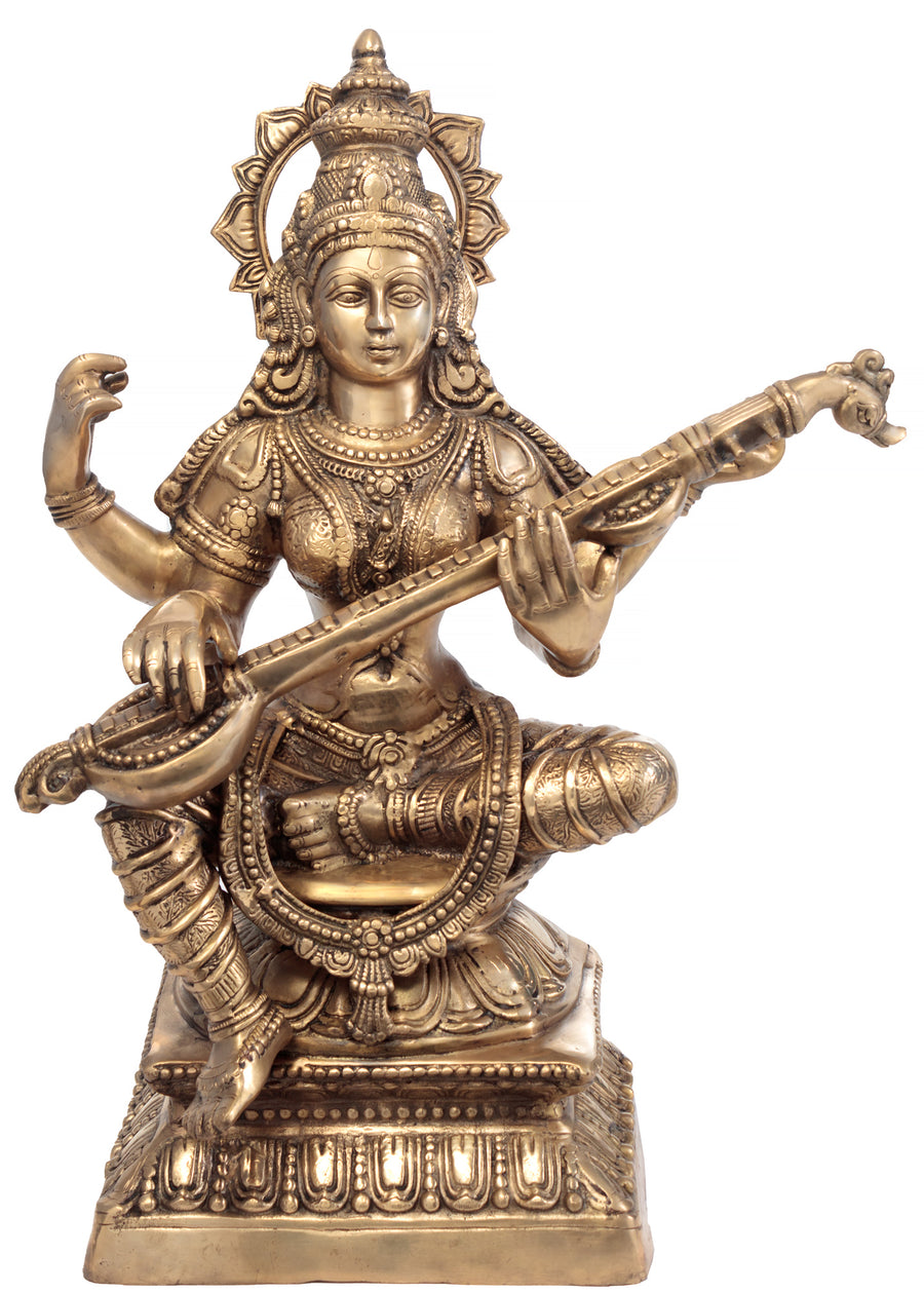 29" Handmade Goddess Saraswathi Brass Statue for Home Pooja