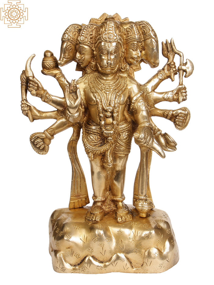 11" Five-Headed Hanuman Brass Statue Handmade