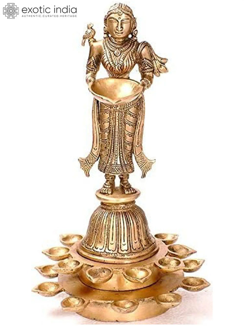 11" Handmade Brass Twenty-One Lamps of Prosperity Statue