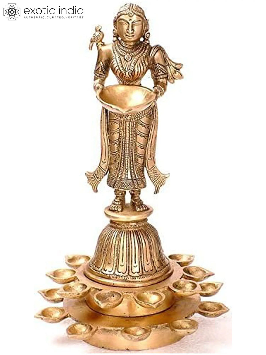 11" Handmade Brass Twenty-One Lamps of Prosperity Statue