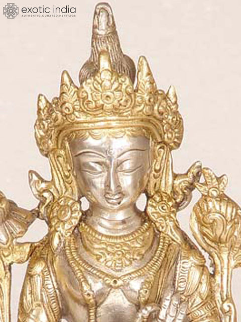 8" Tibetan Buddhist Goddess White Tara Brass Idol in Golden Attire | Handmade