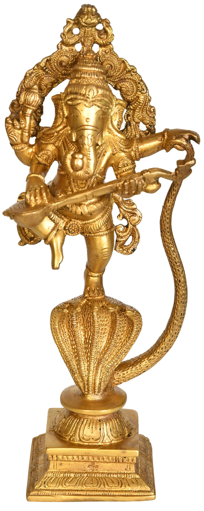 10" Brass Ganesha Dancing with Veena Handmade Statue