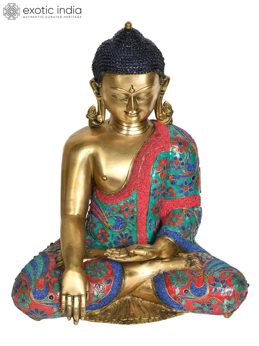 16" Handmade Lord Buddha Brass Statue in Bhumi-Sparsha Mudra