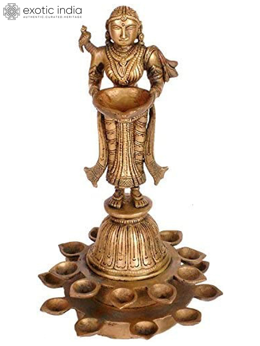 11" Twenty-One Lamps of Prosperity Brass Statue Handmade