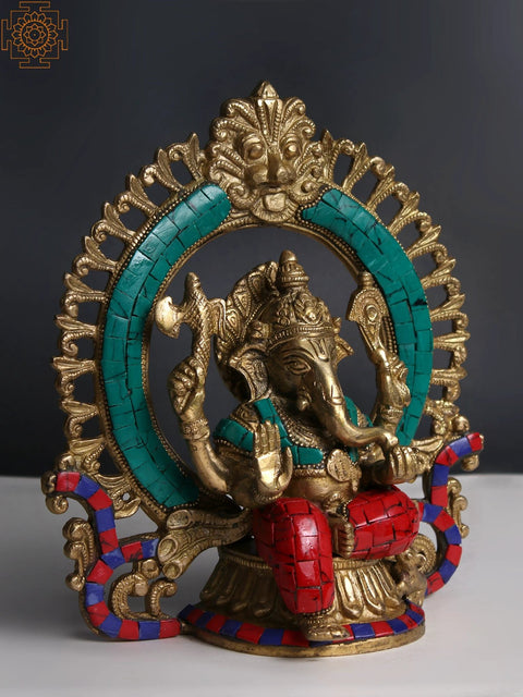 9" Lord Ganesha with Prabhavali and Kirtimukha Inlay Work Brass Statue | Handmade | Made In India