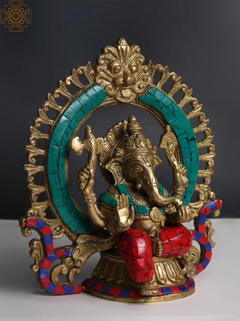9" Lord Ganesha with Prabhavali and Kirtimukha in Brass | Inlay Work | Handmade | Made In India