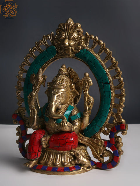 9" Lord Ganesha with Prabhavali and Kirtimukha in Brass | Inlay Work | Handmade | Made In India