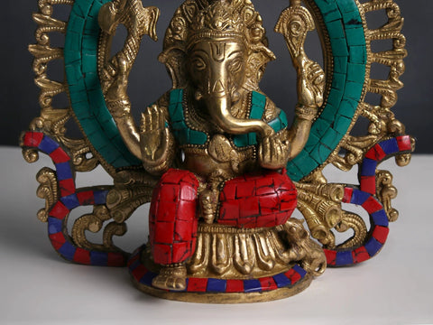9" Lord Ganesha with Prabhavali and Kirtimukha Inlay Work Brass Statue | Handmade | Made In India