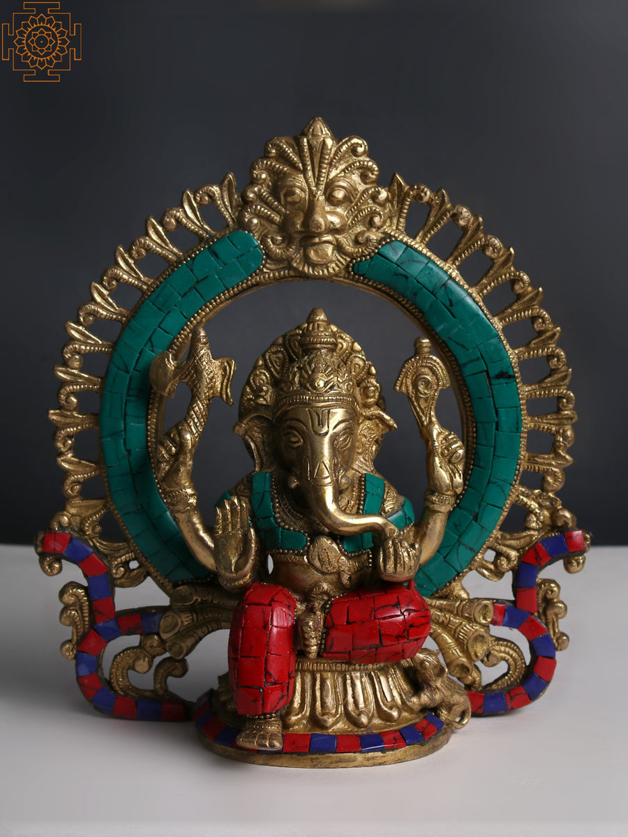 9" Handmade Brass Lord Ganesha Idol with Prabhavali and Kirtimukha
