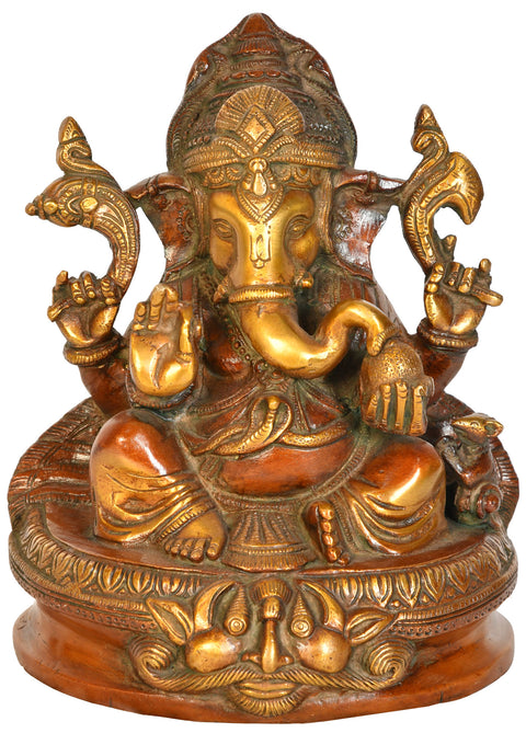 8" Ganesha Seated on Kirtimukha Chowki In Brass | Handmade | Made In India