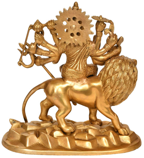 9" Brass Goddess Durga Statue Standing on Rocks | Handmade | Made in India
