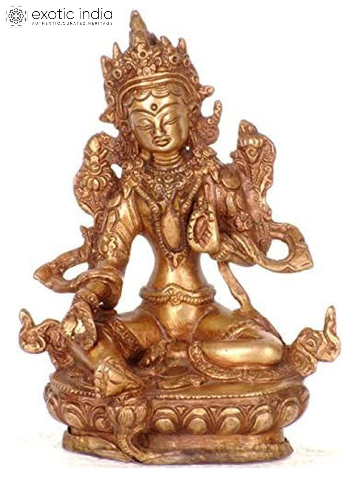 6" Tibetan Buddhist Goddess Green Tara In Brass | Handmade | Made In India