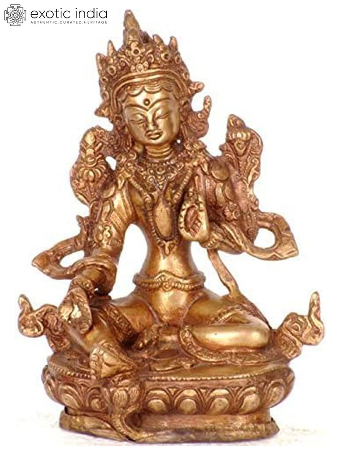 6" Tibetan Buddhist Goddess Green Tara In Brass | Handmade | Made In India