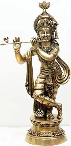 36" Large Handmade Krishna Playing Flute Brass Statue