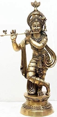 36" Large Krishna Idol Playing on Flute | Handmade Brass Statue