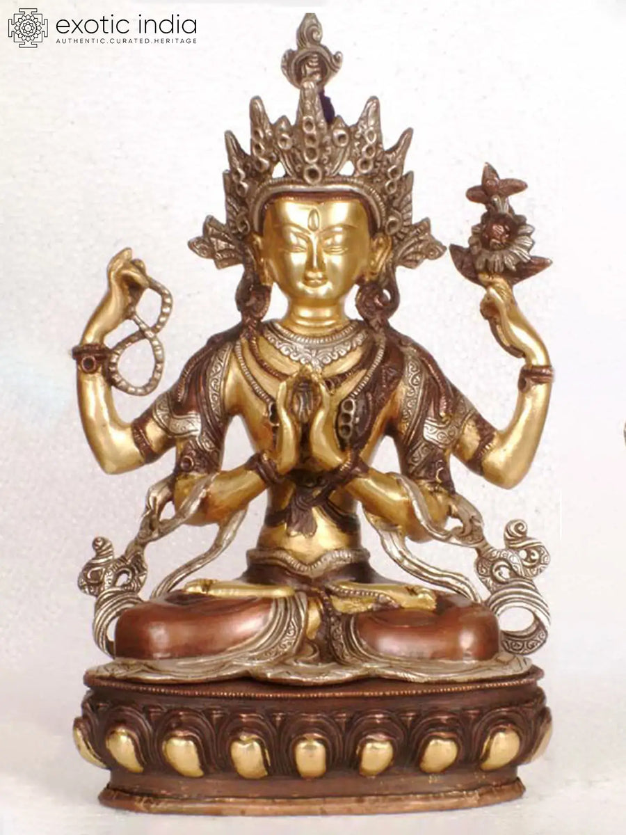 13" Brass Chenrezig Four-Armed Avalokiteshvara Handmade Statue