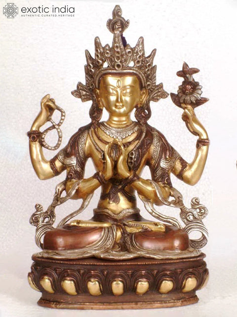 13" Tibetan Buddhist Deity Chenrezig (Four-Armed Avalokiteshvara) Brass Statue | Made In India