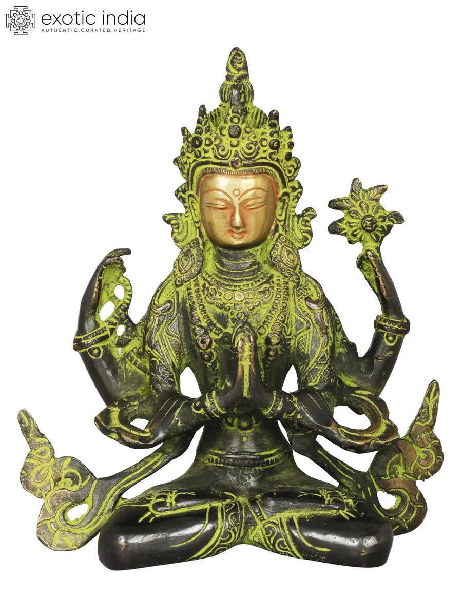 7" Four-Armed Chenrezig Avalokiteshvara Brass Statue for Pooja