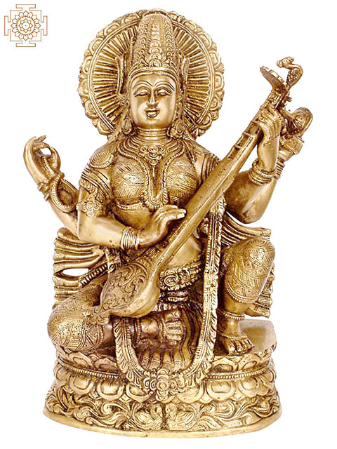 14" Goddess Saraswati of Eloquence and Learning | Handmade Brass Idol