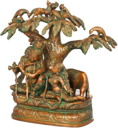 11" Krishna Playing Flute for Radha Under a Tree In Brass | Handmade | Made In India