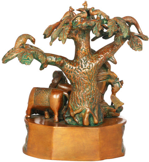 11" Krishna Playing Flute for Radha Under a Tree In Brass | Handmade | Made In India